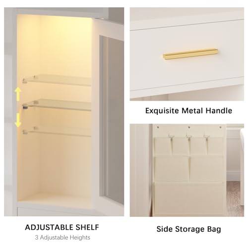 CSZZD Makeup Vanity Desk with Mirror and Lights, White Vanity Desk with Charging Station, LED Cabinet, 5 Drawers & Storage Bag, Vanity Mirror with Lights Desk and Chair, Vanity Table Set with Stool CSZZD