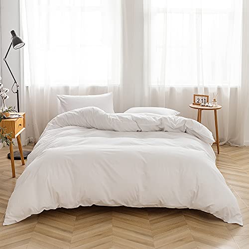 FACE TWO FACE Bedding Duvet Cover Set100% Washed Cotton Duvet Cover Linen Like Textured Breathable Durable Soft Comfy (Full, White) FACE TWO FACE