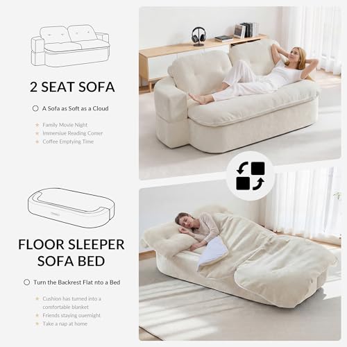 Kuahisoofa 78" Memory Foam Convertible Sofa Bed with Built-in Quilt, Foldable Floor Couch Sleeper for Guests Room & Living Room, Boneless Futon Cloud Sofa for Small Spaces, White Kushisoofa