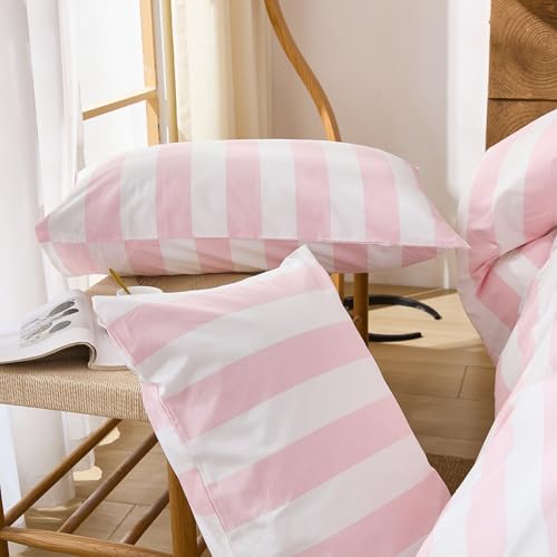 Merryword Pink and White Striped Duvet Cover Set Queen Size, 100% Cotton Bedding Set with Zipper Closure & 8 Corner Ties, Luxury Linen Like Bedding, Soft Breathable Comforter Cover for All Seasons Merryword