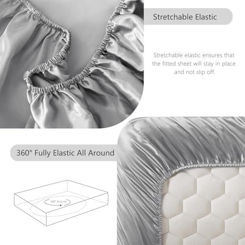 CozyLux Satin Fitted Sheet Twin Size, Light Grey Silky Satin Bed Fitted Sheet Only with Silky Microfiber, Deep Pocket, Single Bottom Sheet Sold Separately, Breathable, Smooth and Soft CozyLux