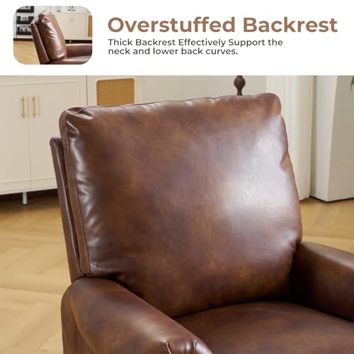 Pushback Recliner Chair with Massage and Heating, Breathable Leather Recliner Chair with Overstuffed Backrest and Rivet Decoration, Single Sofa Accent Chair for Living Room, Light Brown