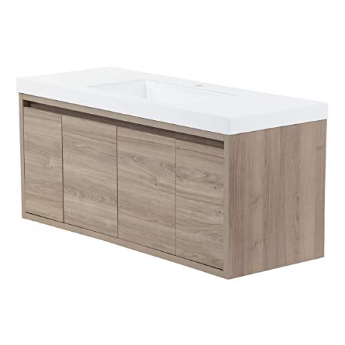 Spring Mill Cabinets Kelby 48 Inch Modern Floating Bathroom Vanity with White Single Sink Top, 2-Door Cabinet, 2 Soft-Close Drawers, 48.5" W x 18.75" D x 22.25" H, Forest Elm Spring Mill Cabinets