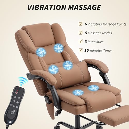 HOMCOM Massage Office Chair with 6 Vibration Points, Pet-Friendly Faux Leather, Reclining Desk Chair with Lumbar Support, Footrest, Adjustable Height, Swivel Wheels, Remote, Brown HOMCOM