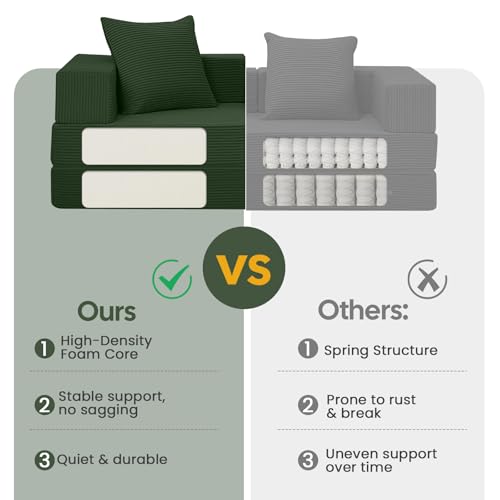 COMAX Futon Sofa Bed, 4‑in‑1 Convertible Sofa Bed, Folding Boneless Couches for Living Room, Fold Out Small Foldable Loveseat Floor Sleeper Comfy Mattress Lounge Space‑Saving, Green COMAX