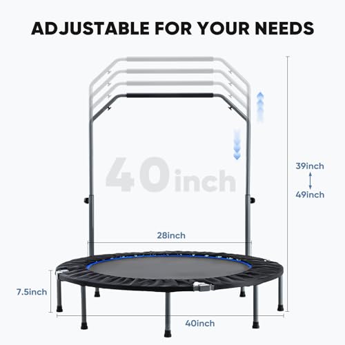 DUMOS 40" Rebounder Trampoline for Adults with Handle, Exercise Trampoline Foldable Indoor Mini Rebounders with Adjustable Bar for Workout Fitness Max Load 330lbs DUMOS