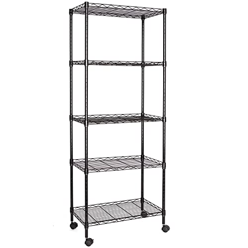 JS HANGER Wire Shelving Unit, 5-Tier Heavy Duty Height Adjustable Rolling Metal Shelves for Storage, 550 lbs Capacity, 23.23''W X 13.4''D X 71''H, Black JS HANGER