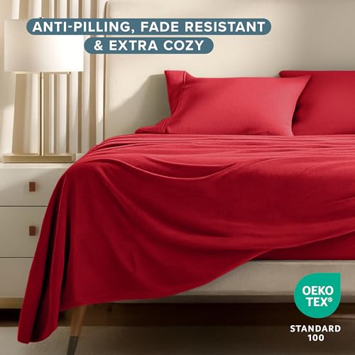 Bare Home Super Soft Fleece Sheet Set - Twin Size - Extra Plush Polar Fleece, No-Pilling Bed Sheets - All Season Cozy Warmth (Twin, Red) Bare Home