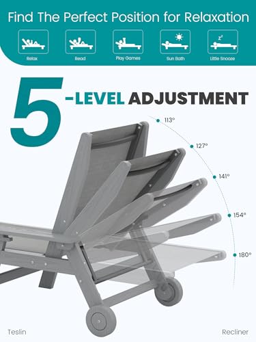 SERWALL Patio Chaise Lounge Chair, 5 Positions Outdoor Lounger for Pool, Textilene Lounge Chair with Rolling Wheels for Poolside, Deck, Grey