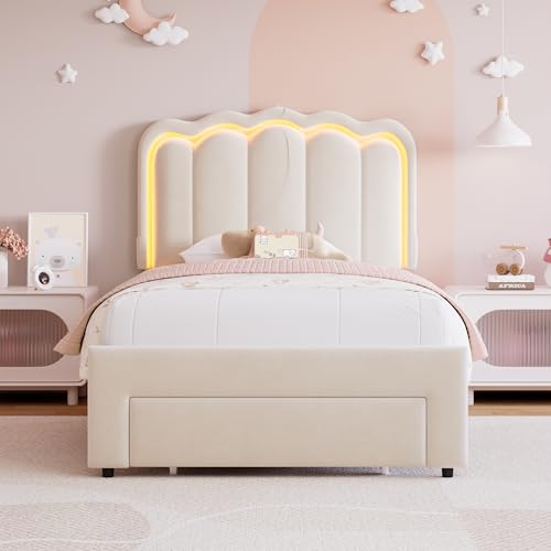 Twin Upholstered LED Bed Frame with Storage Drawer and Adjustable Chic Double Wavy Headboard, Velvet Princess Platform Bed for Kids/Girls, Solid Wood Slats Support, No Box Spring Needed, Beige Jocoevol