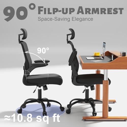 TLLMOON Ergonomic Office Chair - Adjustable Lumbar Support and Headrest, High Back Desk Chair with Flip-Up Arms for Home Office, 90-120° Tilt & Swivel Rolling Task Chair (Black) TLLMOON