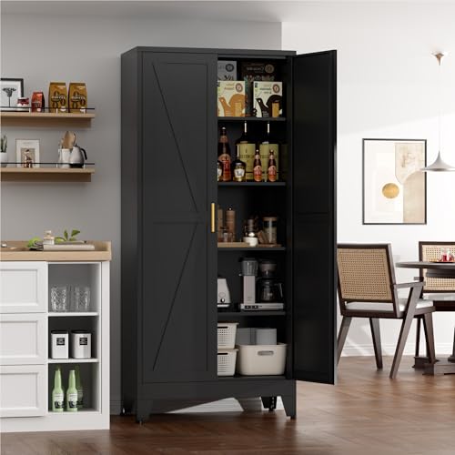 YNIQUESTLE Farmhouse Pantry Cabinet with Barn Doors, 71" H x 31.5" W, 5-Tier Metal Storage Cabinet with 4 Adjustable Shelves for Kitchen Garage Dining Room, Black 1 Pack YNIQUESTLE