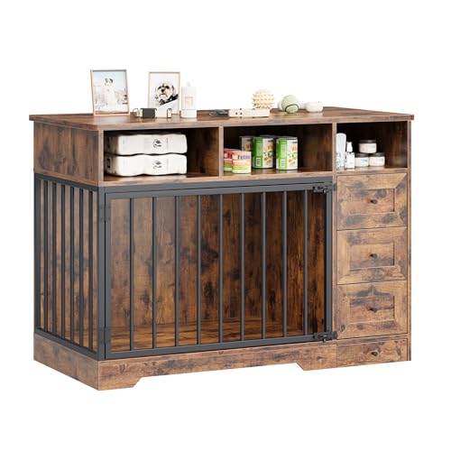 48'' Dog Crate Furniture, Farmhouse Heavy Duty Dog Kennel with Bowl & Storage Drawers, Medium Dog Cage End Table for Small Medium Dogs, Retro Brown GarveeLife