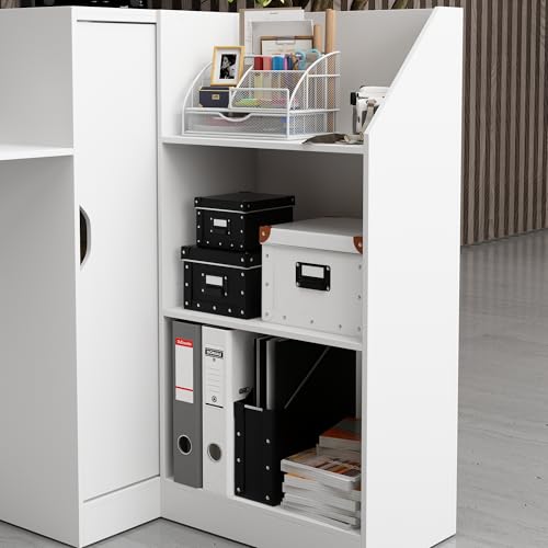 WOODTIME Reception Desk with Counter, Colored LED Light, Glass Front & Open Shelves, Retail Counter with Adjustable Glass Shelves, Checkout Front Desk for Office Clinic Lobby Salon, White WOODTIME