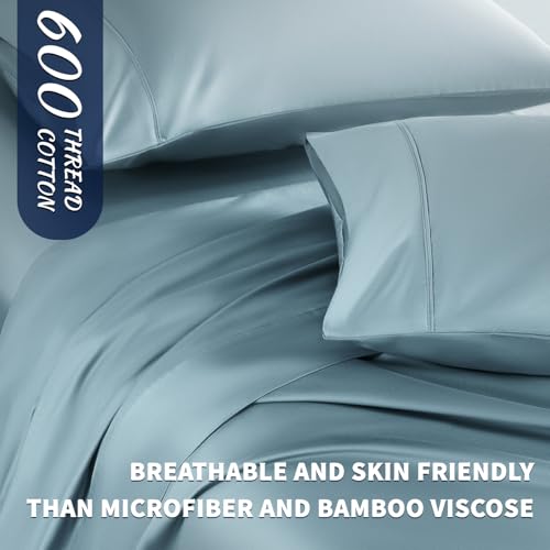 Shilucheng 100% Cotton King Size Sheets Set - 600 Thread Count,Luxury Egyptian Cotton Bed Sheets,5-Star Hotel Quality Sheets, Breathable & Cooling, 16 Inch Deep Pocket - 4 Piece (French Blue, King) Shilucheng