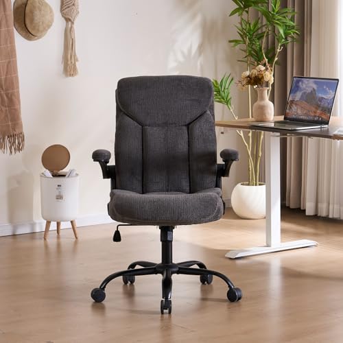 Executive Office Chair, Comfy Fabric Cloth Computer Chair Ergonomic Desk Chairs with Flip-up Armrests, Lumbar Support, 360° Swivel and Rocking Function for Home Office Chairs, Grey JOYNET