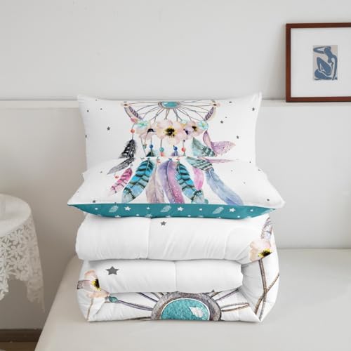 Dream Catcher Comforter Set Twin,Boho Chic Dreamcatcher Feather Bedding Set Watercolor Bohemian Flower Quilt Comforter For Kids Girls Teen Women,Native American Indian Duvet Set 2 Pcs Teal White Erosebridal