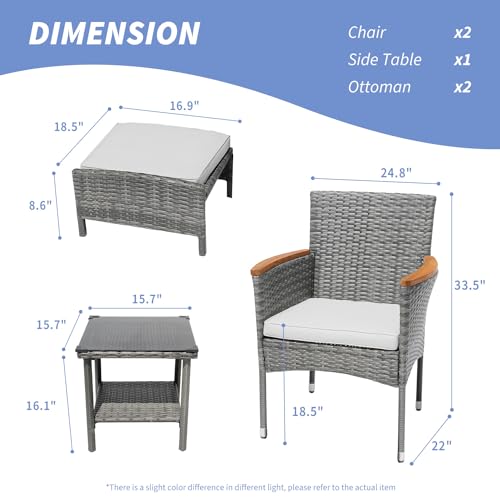 5 Piece Outdoor Patio Furniture Set with Table&Ottoman Outdoor Furniture Patio Set Bistro Wicker Patio Set of 2 Outside Lawn Chairs Conversation Sets for Porch Balcony Pool(Gray Wicker&Gray Cushion) ARTBUSKE