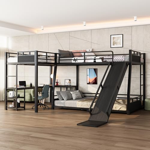 MERITLINE Full Over Full(XL) L-Shaped Metal Bunk Bed with Desk and Slide, Heavy Duty Triple Bunk Bed with Storage Shelves, L-Shaped Bunk Bed for Teens Adults, Space Saving and Quiet Design, Black MERITLINE