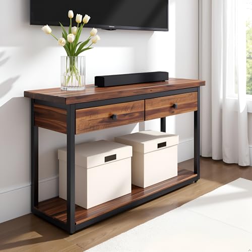 Claremont 43-Inch Solid Wood Console Table with Drawers and Lower Shelf – Rustic Industrial Entryway, Sofa, or TV Table with Acacia Wood Top and Black Metal Frame by Alaterre Furniture (Dark Brown) Alaterre Furniture