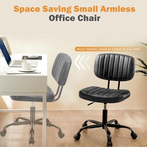 Sweetcrispy Small Office Desk Chair - Armless PU Leather with Comfy Lumbar Support, Height Adjustable Rolling Swivel Task for No Arms, for Adult, Student, Bedroom, Home, Vanity, Black Sweetcrispy