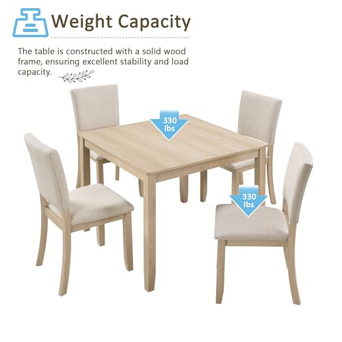 RuiSiSi Modern 5-Piece Square Dining Table Set with 4 Chair, Square Kitchen Table and 4 Curved Backrest Chair for 4, Light Oak Beige RuiSiSi