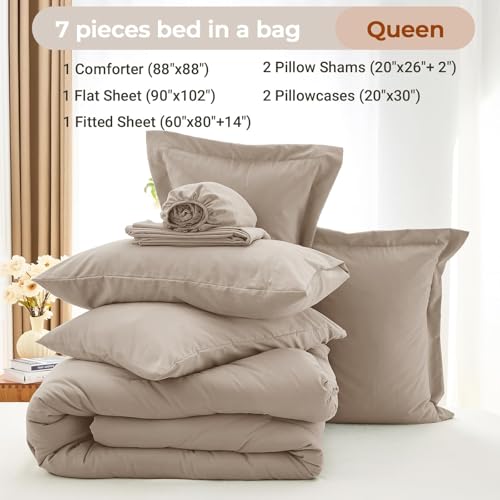 MUXHOMO 7 Pieces Queen Comforter Set, Soft Bed in a Bag Queen Size, All Season Bedding Set with Comforter, Flat Sheet, Fitted Sheet, Pillowcases & Shams, Linen MUXHOMO