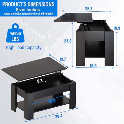 MGHH Lift Top Coffee Table with Hidden Storage Compartment & Open Shelves, 39" Rising Tabletop Table for Living Dining Room,Black MGHH