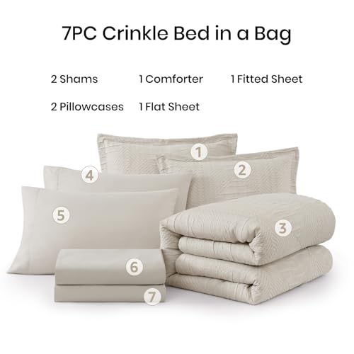 MaiRêve Full Size Comforter Set Beige, Crinkle Textured Design Boho Bedding Set 7 Pieces Bed in A Bag, All Season Geometric Comforter Set with Sheets, Pillowcases & Shams MaiRêve