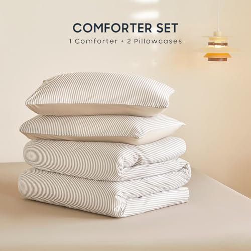 Wake In Cloud - Striped Comforter Set, Ticking Stripe Vertical Pinstripe Neutral Farmhouse Pattern Printed, Soft Lightweight Bedding, 3 Pieces, Light Brown White, Twin/Twin XL Size Wake In Cloud