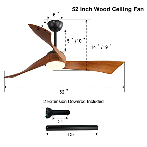 Sofucor 52 Inch Wood Remote Control Dimmable Light Reversible DC Motor Modern Ceiling Fan for Kitchen Bedroom Basement Dining Living Room Dark Wood Sofucor