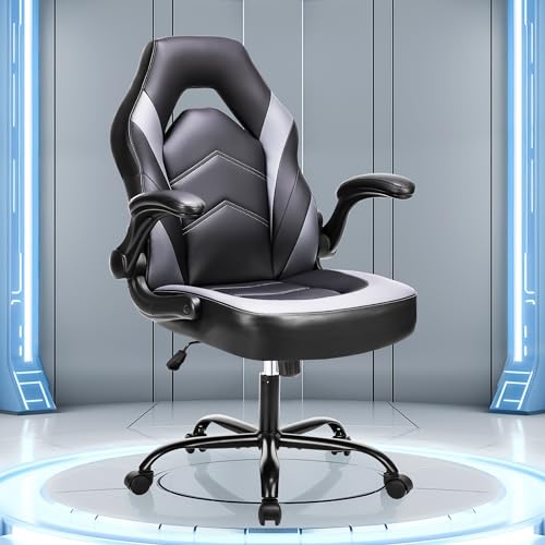 OLIXIS Big and Tall Office Desk Leather Gaming Computer Chair with Adjustable Swivel Task and Flip-up Arms for Adults, Teens, Grey OLIXIS