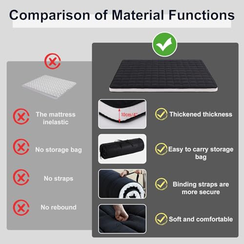 Tiita Japanese Floor Mattress, 4” Thicken Futon Mattress with Storage Bag and 2 Straps,Queen Size Sleeping Tatami Mat for Adults,Black Tiita