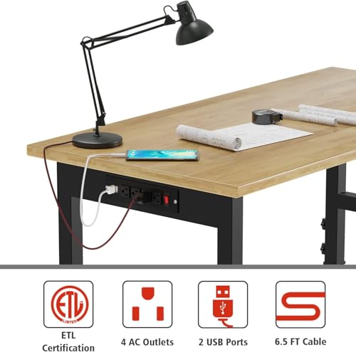 Adjustable Heavy Duty Workbench with Metal Wheels,Rubber Wood Top Working Table, 2500 LBS Load Capacity with for Workshop and Office,etc. DUSACOM