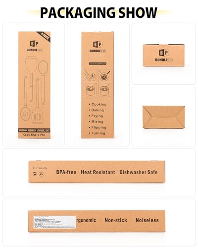 Pack of 4 Silicone Cooking Utensils Set, Non Stick Large Solid Spatulas, Heat Resistant Black Slotted Spoons, Ideal BPA Free Kitchen Turners for Frying, Mixing,Serving,Draining,Turning,Stirring BUNDLEPRO