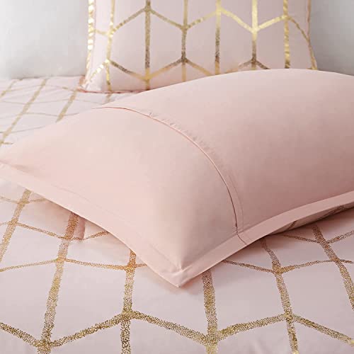 Intelligent Design Raina King/Cal King Comforter Set, Soft Microfiber, Modern Geometric Metallic Bed Set, 5 Pieces College Bedding with 2 Shams, 2 Toss Pillows Blush/Gold Intelligent Design