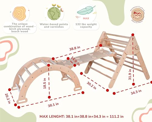 WoodandHearts Montessori Climbing Set - Foldable Triangle Climber with Slide, Ramp, Arch - Wooden Toddler Climbing Toys Indoor Playground Jungle Gym for Kids Age 2-8 Wood And Hearts