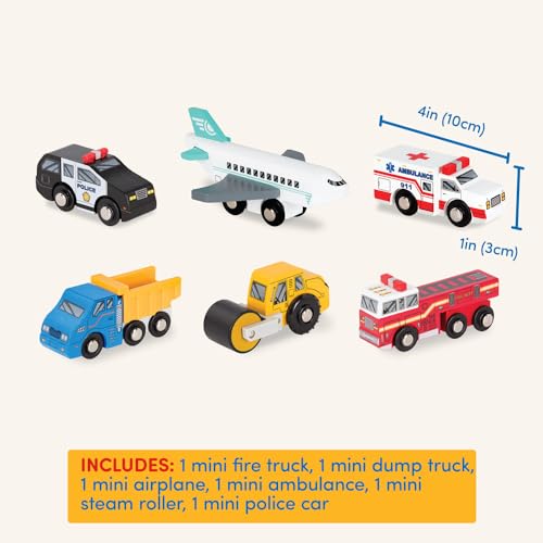 Battat – Miniature Toy Cars – 6Pcs Wooden Minis – Classic Rescue & Construction Vehicles – Steamroller, Dump Truck – 3 Years + – Wooden Vehicles Set 2 Battat
