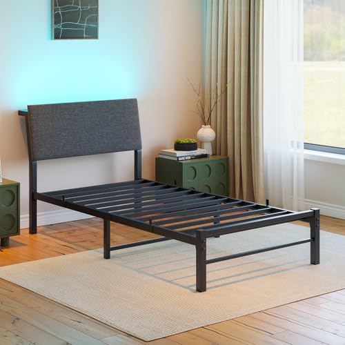 VECOCHO Twin Bed Frame with Storage Headboard,Heavy Duty Metal Platform Bed Frame Twin with Charging Station and LED Lights,Ergonomic Upholstered Single Bed No Box Spring Needed,Noise-Free Slats,Black VECOCHO