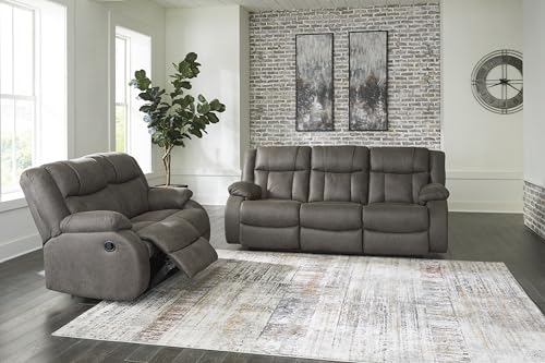 Signature Design by Ashley First Base Contemporary Faux Leather Manual Reclining Loveseat, Gray Signature Design by Ashley