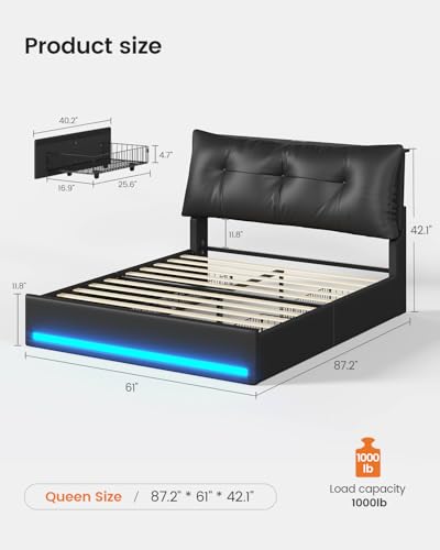 AOGLLATI Upholstered Queen Bed Frame with RemovableThick Backrest Headboard, Led Bed Frame Queen Size with 4 Storage Drawers and Charging Station, No Spring Box Needed, Black AOGLLATI