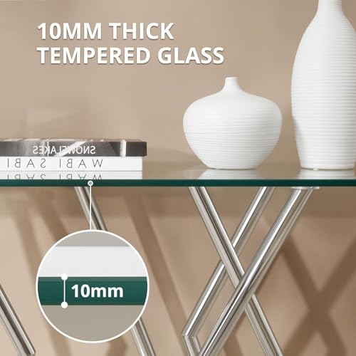 BECHAEO Tempered Glass Console Table for Entryway, 43.3" Modern Console Table with Chromed Legs, Silver Sofa Table for Living Room Hallway Entryway BECHAEO