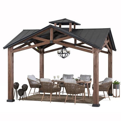 Sunjoy 12.5 x 12.5 ft. Hardtop Gazebo Outdoor Cedar Frame Wood Gazebo with Steel 2-Tier Hardtop Roof and Ceiling Hook, Black by SummerCove