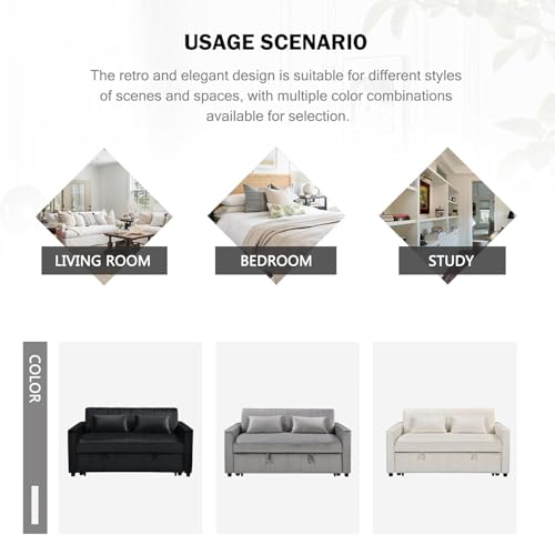 Hixkol 3 in 1 Convertible Sleeper Sofa Bed,55.51" Velvet Futon Sofa Bed, Pull Out Couch for Bedroom&Living Room, Loveseat Sofa Bed with Storage Pockets & 2 Toss Pillows,Adjustable Backrest(Grey) Hixkol