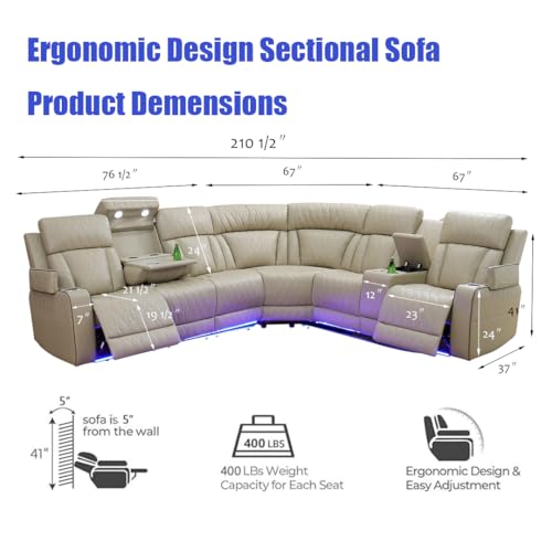 Nervlox Power Reclining Sectional Sofa, L-Shaped Living Room Furniture Set, Light Brown Leather Recliner Sofa, Reclining Sectional Couch with LED/Storage Console/Cup Holder/USB/Type C for Office/Home