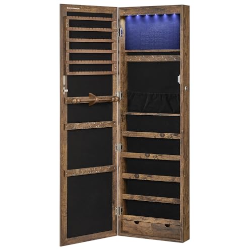 SONGMICS 6 LEDs Mirror Jewelry Cabinet, 47.2-Inch Tall Lockable Wall or Door Mounted Jewelry Armoire Organizer with Mirror, 2 Drawers, 3.9 x 14.6 x 47.2 Inches, Rustic Brown UJJC93CB SONGMICS
