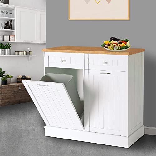 TOLEAD Double Tilt Out Trash Cabinet Free Standing 10 Gallon Recycling Trash Can Cabinet for Farmhouse Kitchen,Living Room, Dining Room, White TOLEAD