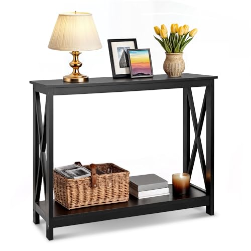 SUPER DEAL Console Table 39.5”, 2-Tier Narrow Sofa Side Table with Storage Shelf, Entrance Table for Hallway/Foyer/Living Room/Corridor/Office, Black SUPER DEAL