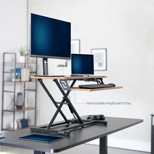 VIVO Height Adjustable 32 inch Stand Up Desk Converter, Quick Sit to Stand Tabletop Dual Monitor Riser Workstation, Rustic Vintage Brown Desktop, Black Frame, DESK-V000SN VIVO