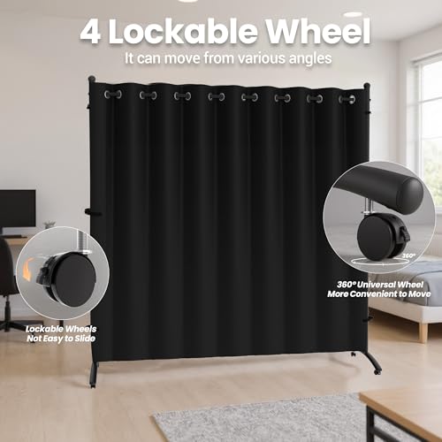 Phonjoroo Room Divider, Curtain Privacy Screen with 360°Lockable Wheels 6FT Portable Room Divider Panel Freestanding Partition Divider Screen for Separator Wall Divider Bedroom Office (Black) Phonjoroo
